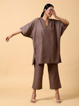 trueBrowns Cotton Linen Burnt Brown Boxy Fit Co-Ord Set - Distacart