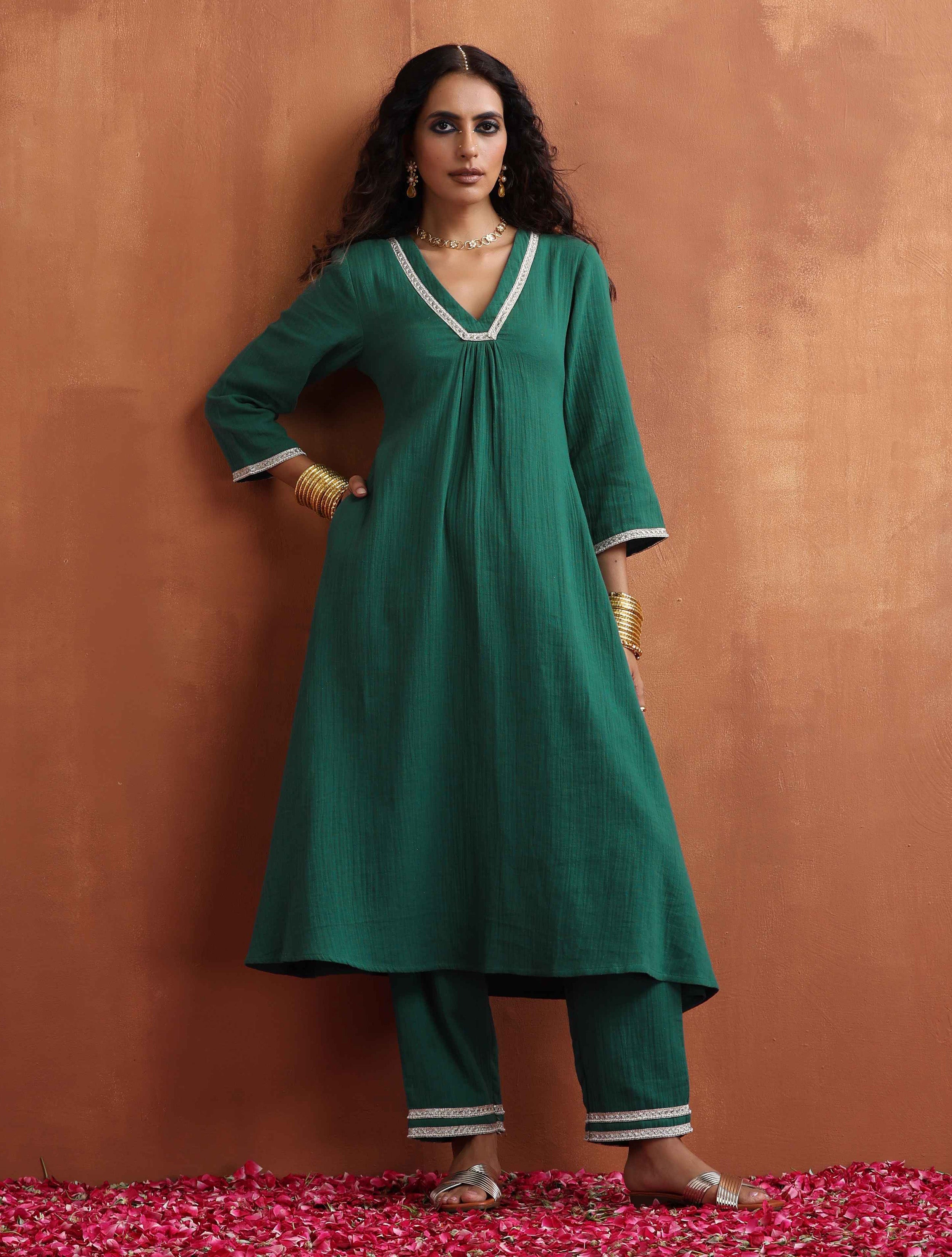 trueBrowns Green Cotton A-line Kurta Set - Distacart