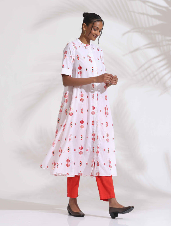 trueBrowns White Cotton Print Flared Kurta Set