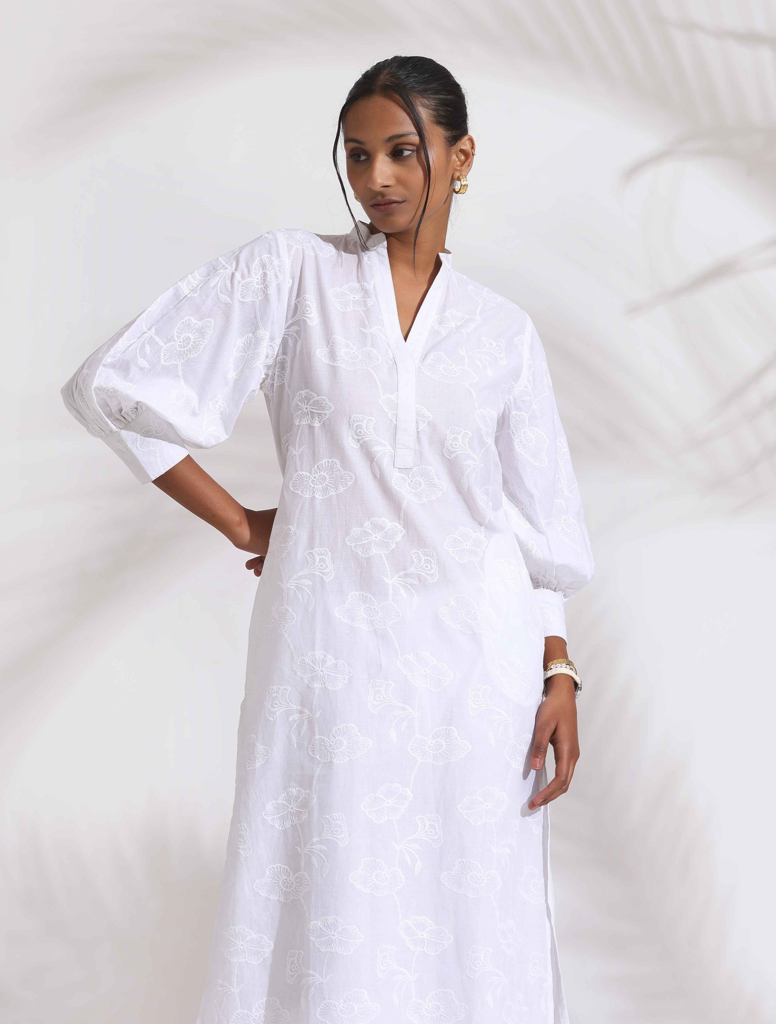 trueBrowns trueBrown White Cotton Schiffli Kurta Set - Distacart