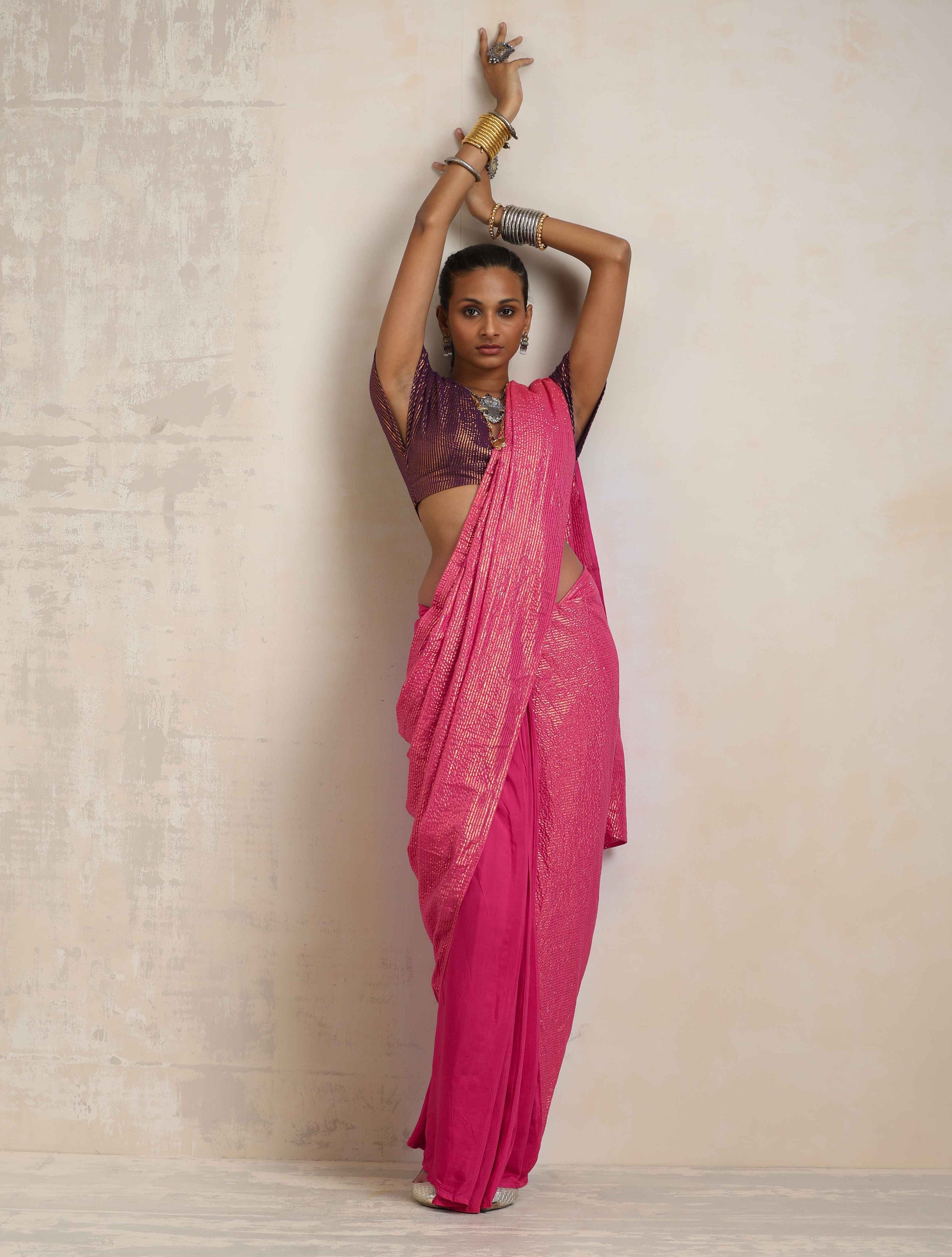 trueBrowns Pink Gold Metallic Ready To Wear Saree - Distacart