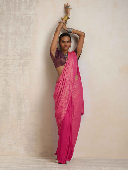 trueBrowns Pink Gold Metallic Ready To Wear Saree - Distacart