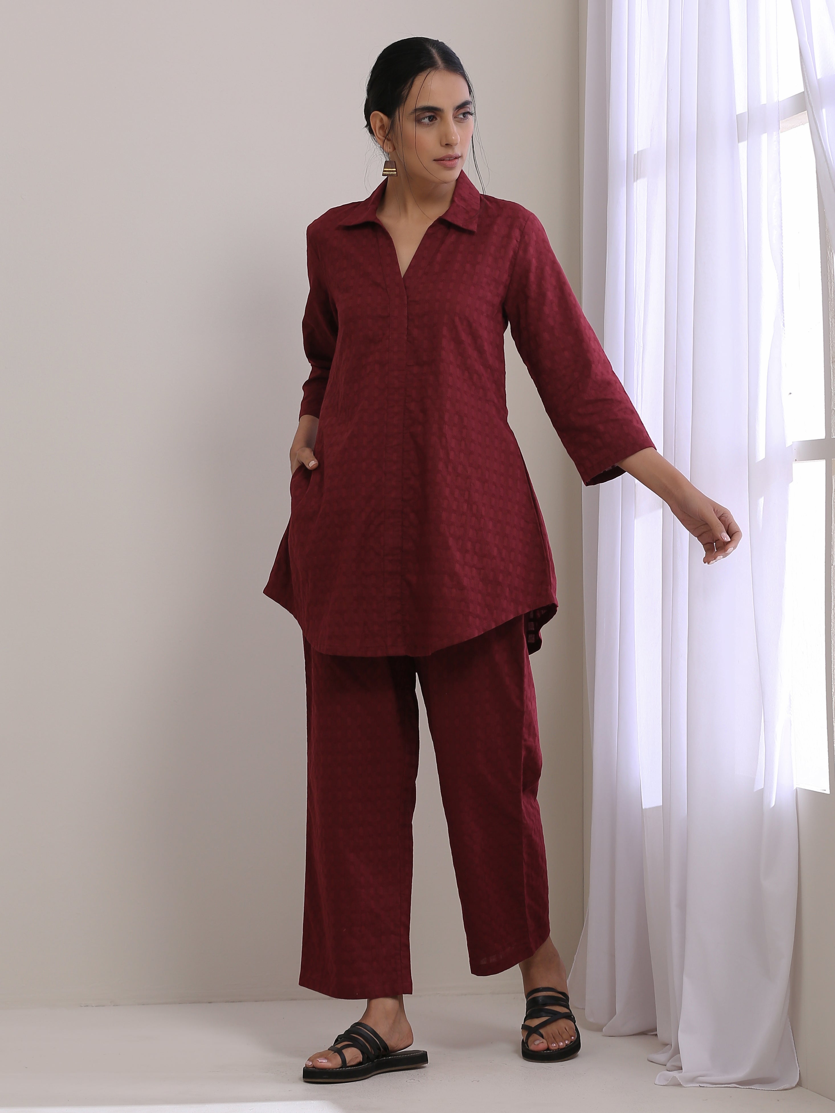 trueBrowns Ruby Wine Dobby Collar Short Co-Ord Set - Distacart
