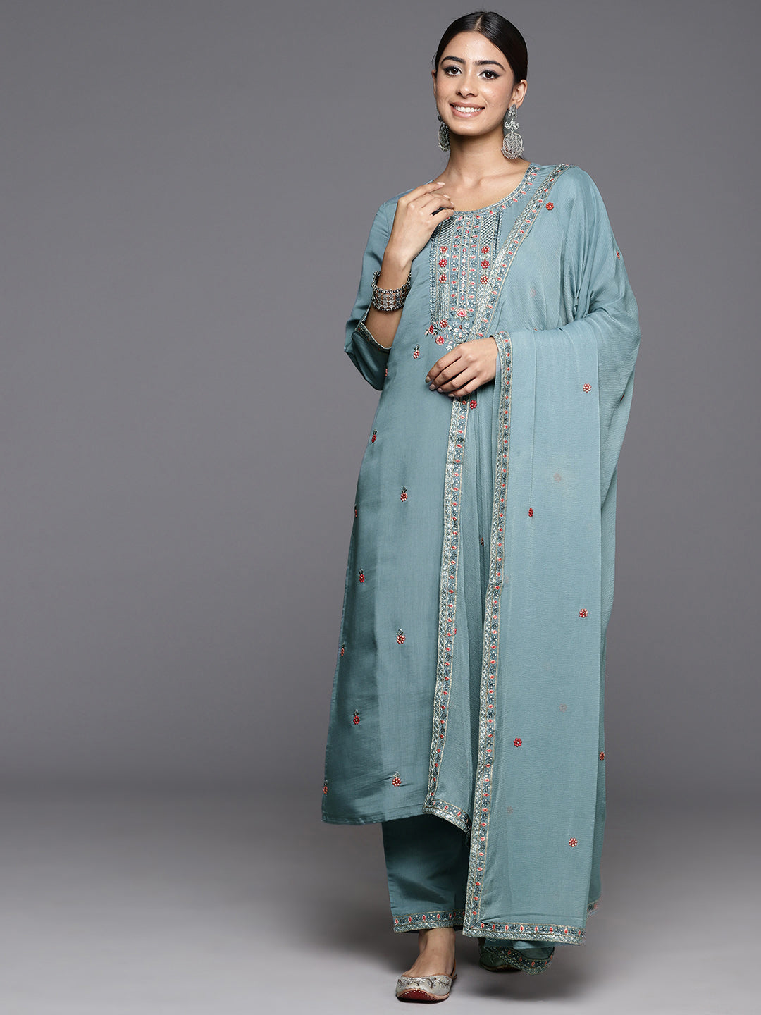 Varanga Women Blue Embroidered Straight Kurta Paired With Tonal Bottom And Embroidered Dupatta - Distacart