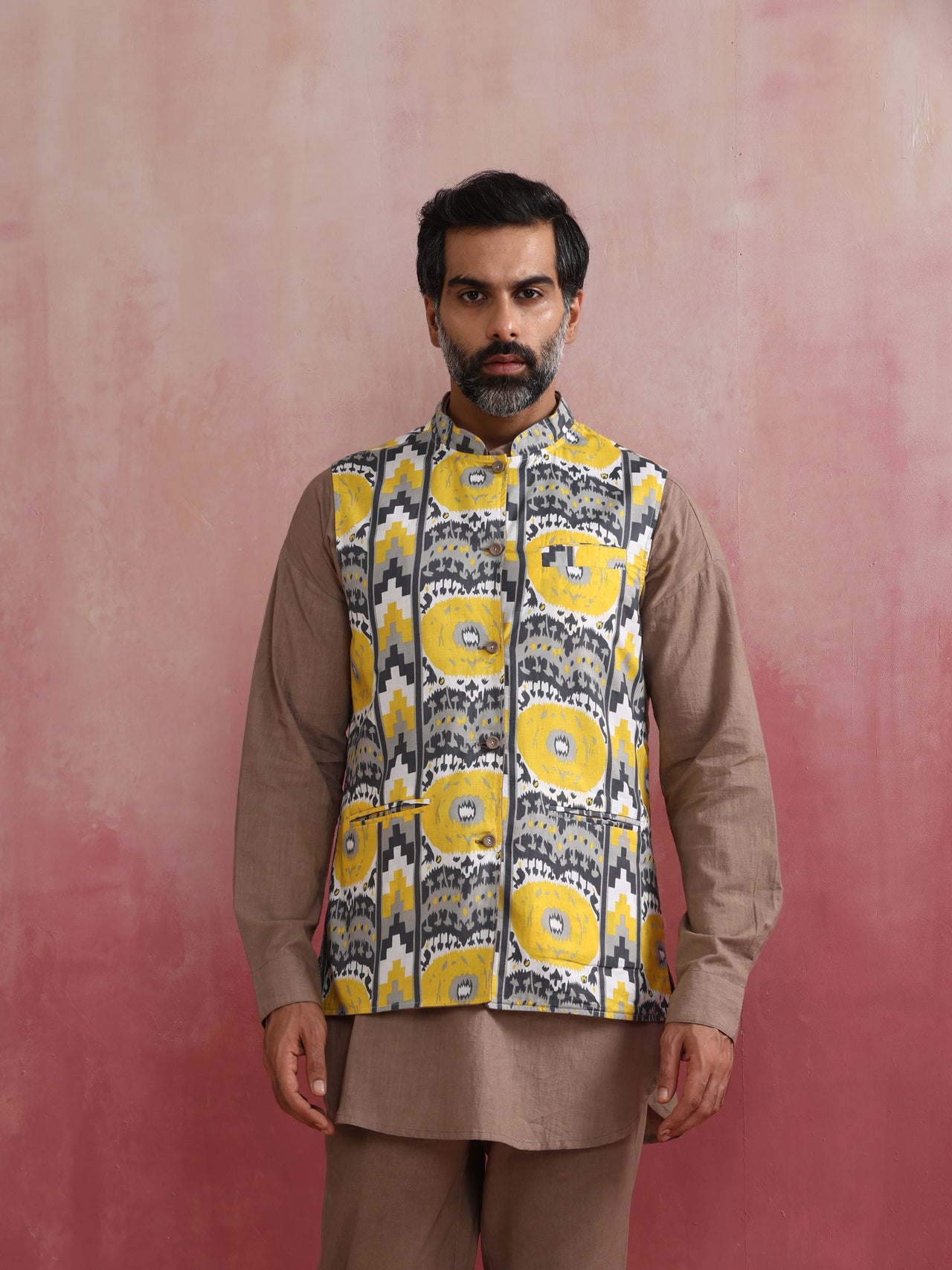 trueBrowns Men's Grey Ikat Print Cotton Reversible Nehru Jacket