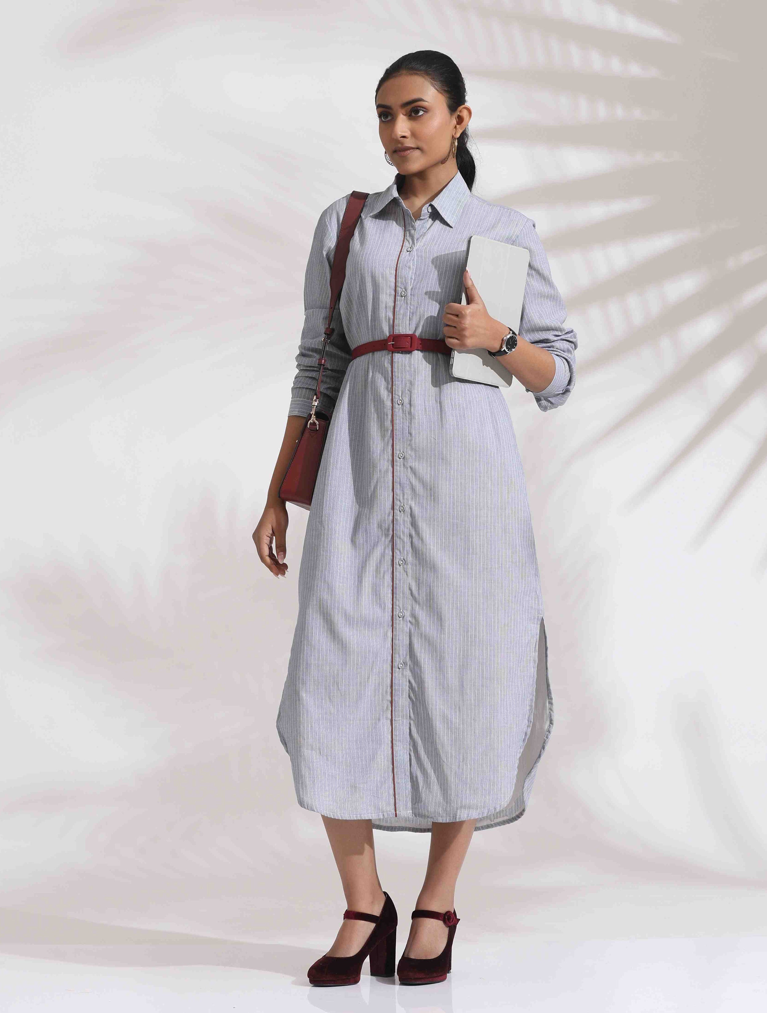trueBrowns Grey Stripe Cotton Shirt Dress - Distacart