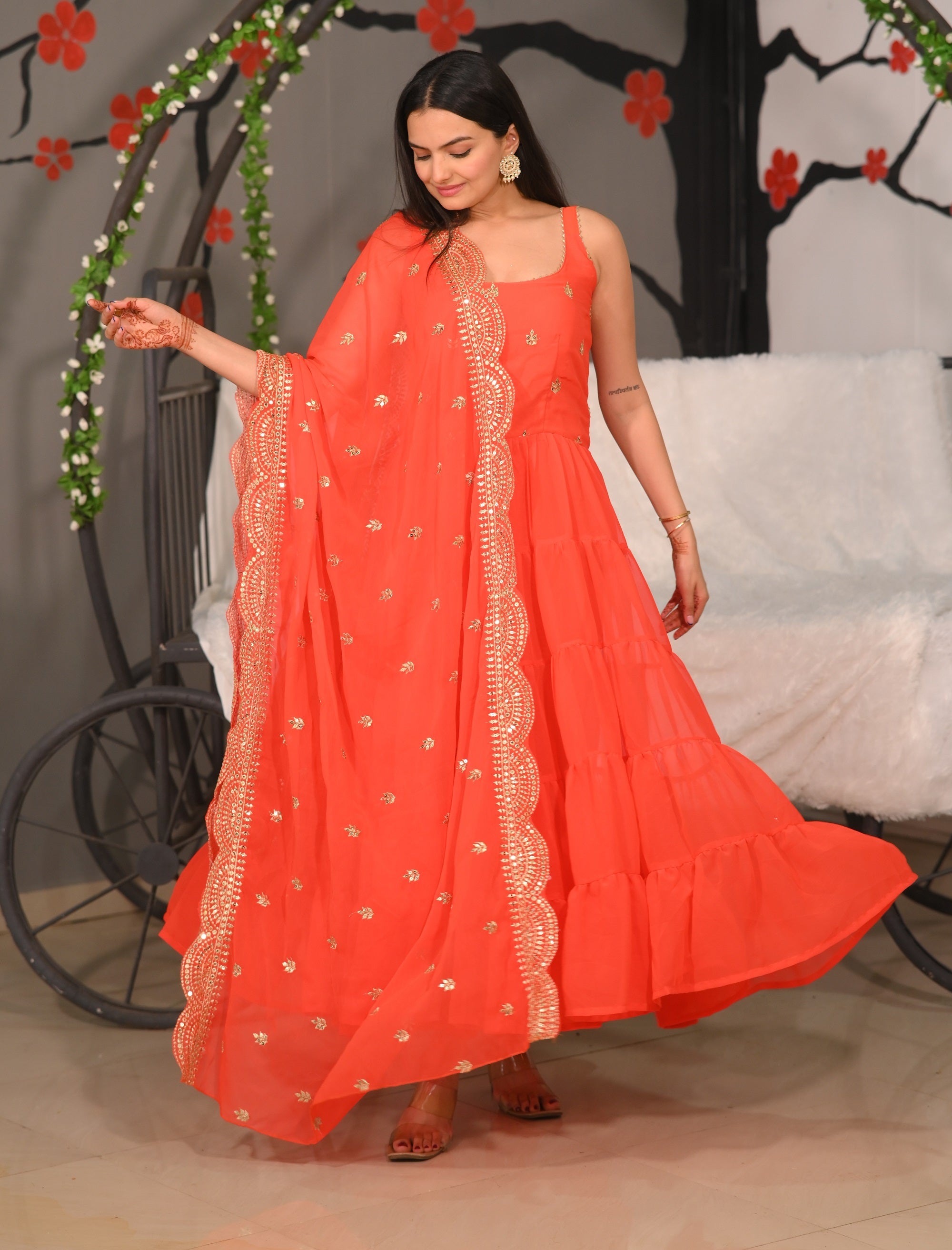 Teeya Creation Orange Color Faux Georgette Silk Heavy Embroidery Work Fully Stitched Gown - Distacart