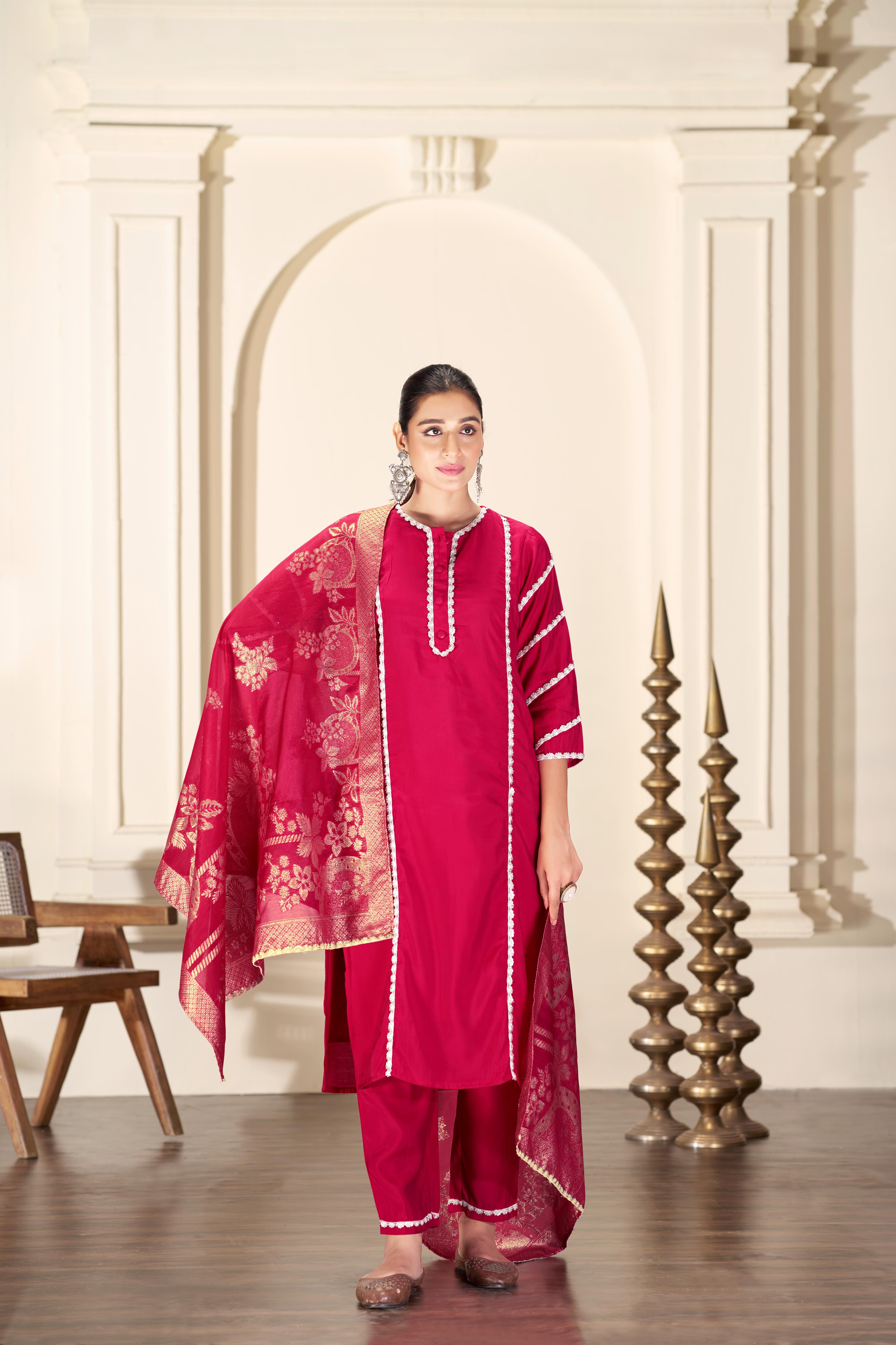 BulBul Almina Red Silk Kurta Set with Dupatta
