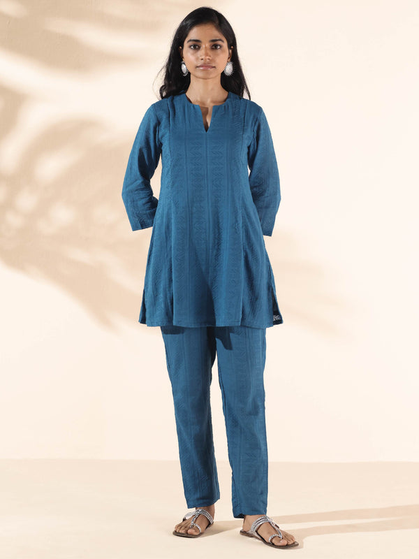 trueBrowns Blue Cotton Dobby Co-ord Set - Distacart