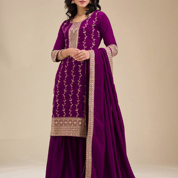 The52 Beautiful Embroidered Vichitra Silk Fabric Straight Kurta, Palazzo and Dupatta Set