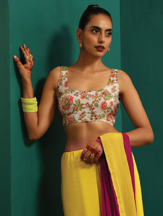 trueBrowns Off White Muslin Silk Floral Jaal Printed Scoop Neck Sleeveless Blouse - Distacart