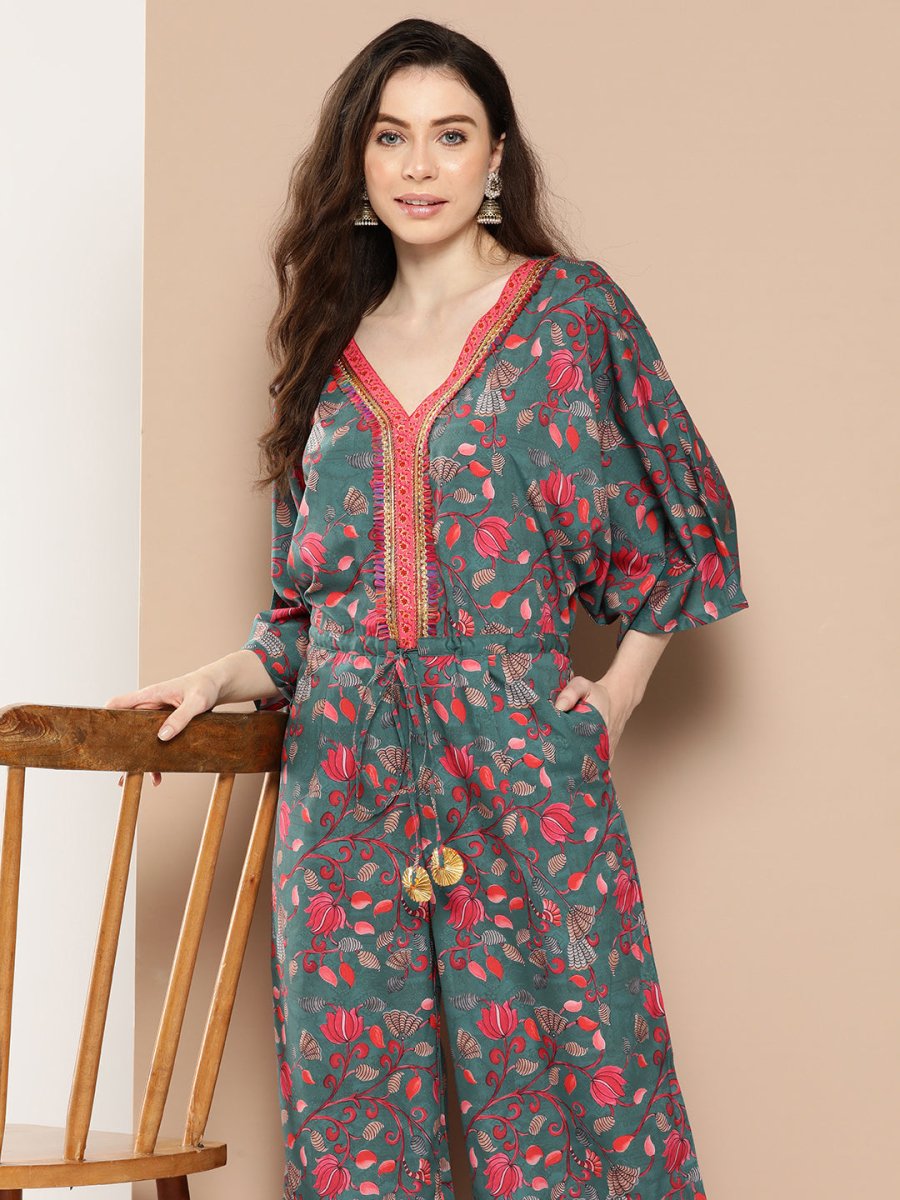 Ahalyaa Printed Basic Jumpsuit with Lace Inserts - Distacart