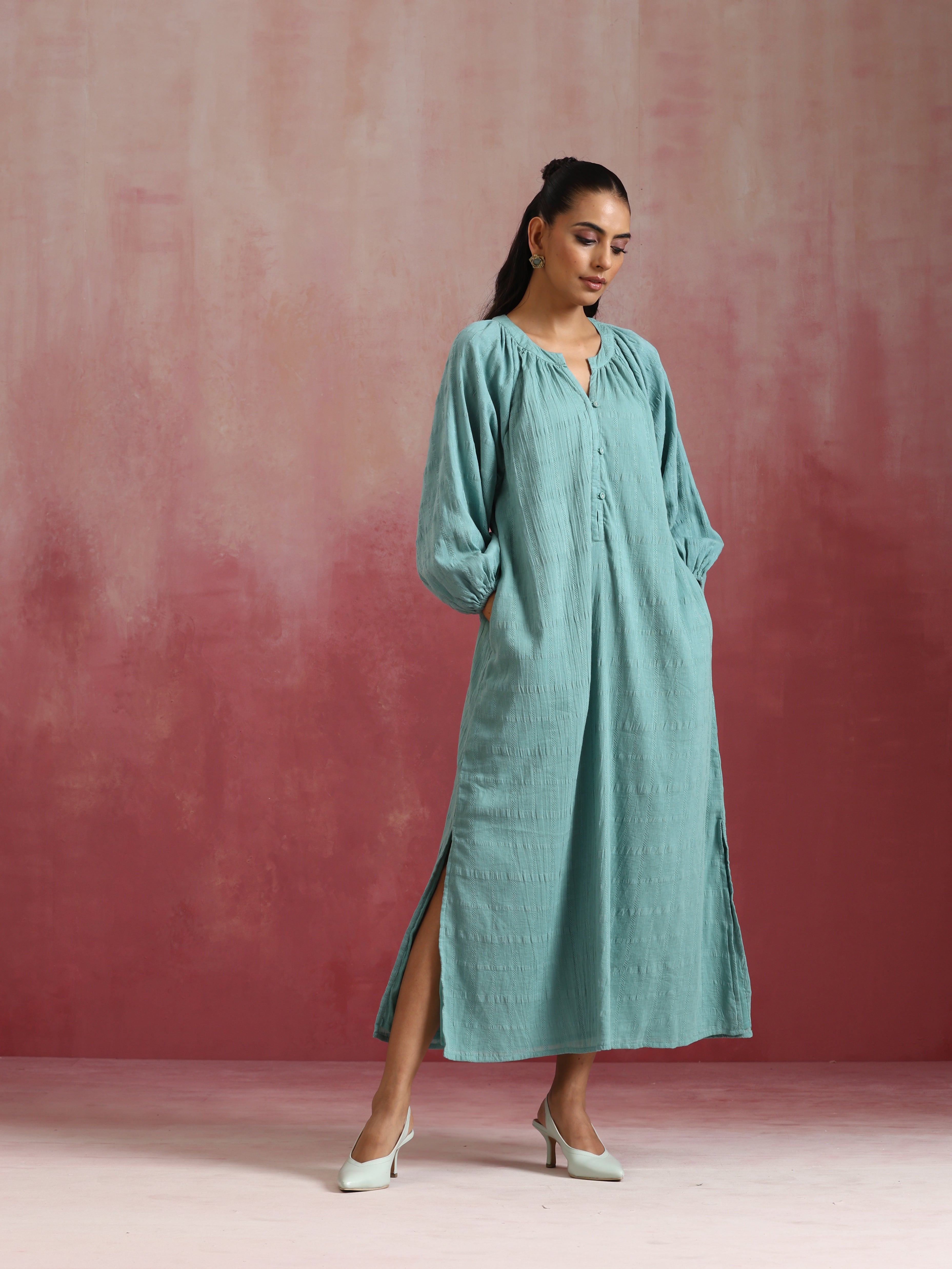 trueBrowns Aqua Blue Cotton Dobby Dress - Distacart