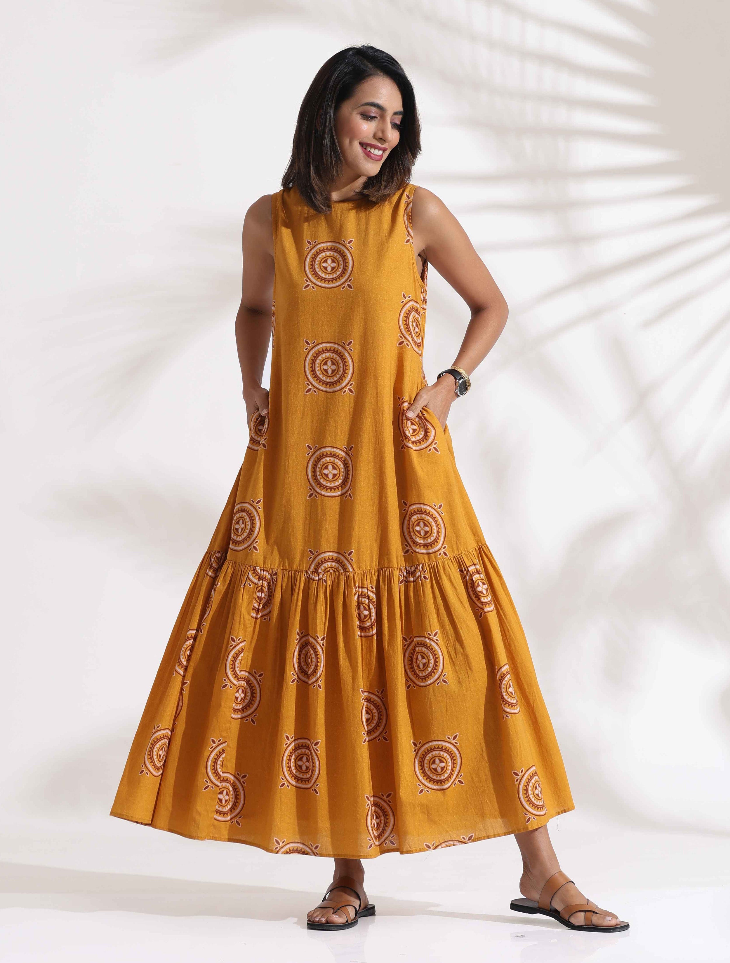 trueBrowns Mustard Cotton Print Tier Dress - Distacart