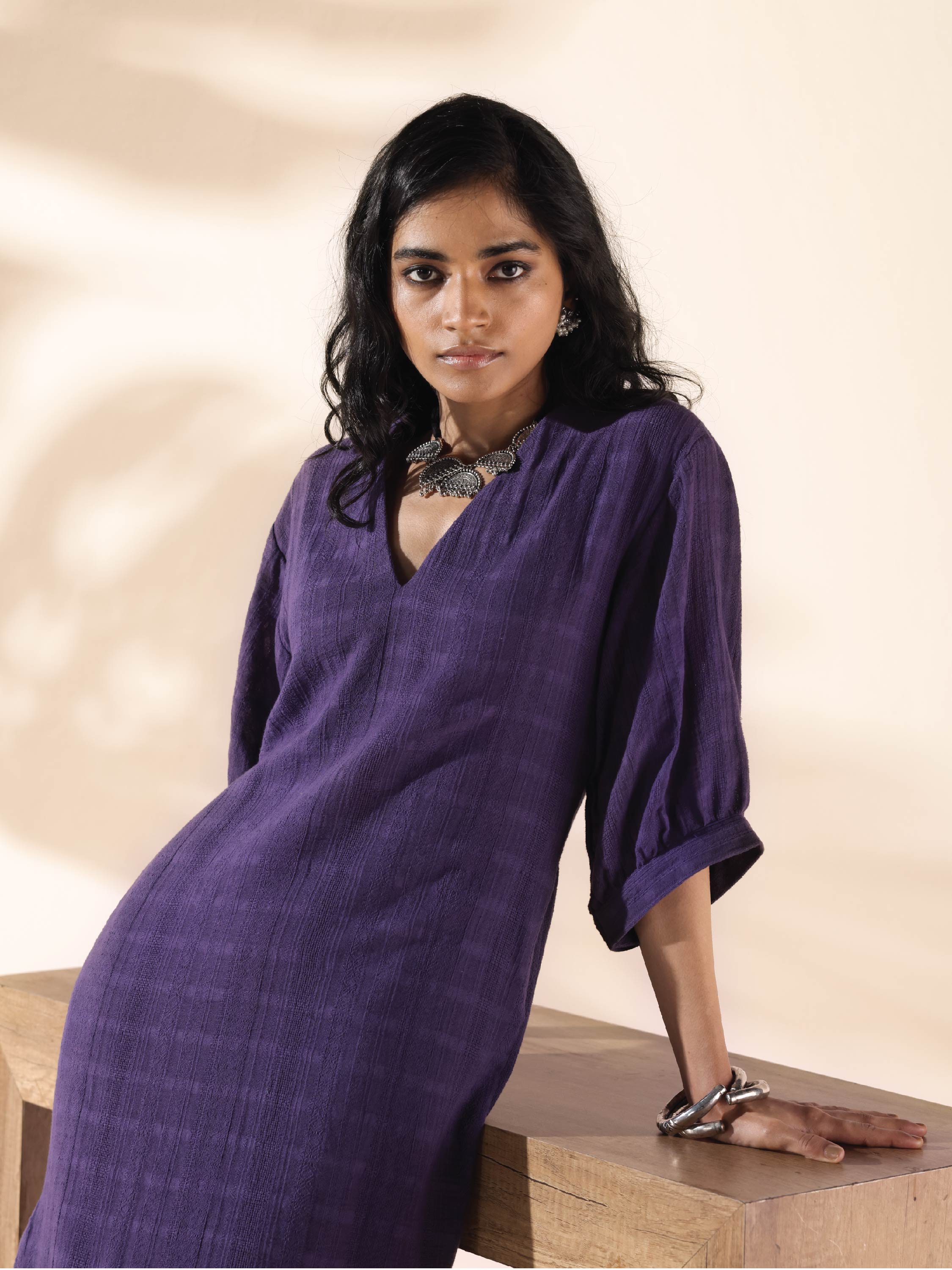 trueBrowns Purple Cotton Dobby Slit Dress - Distacart