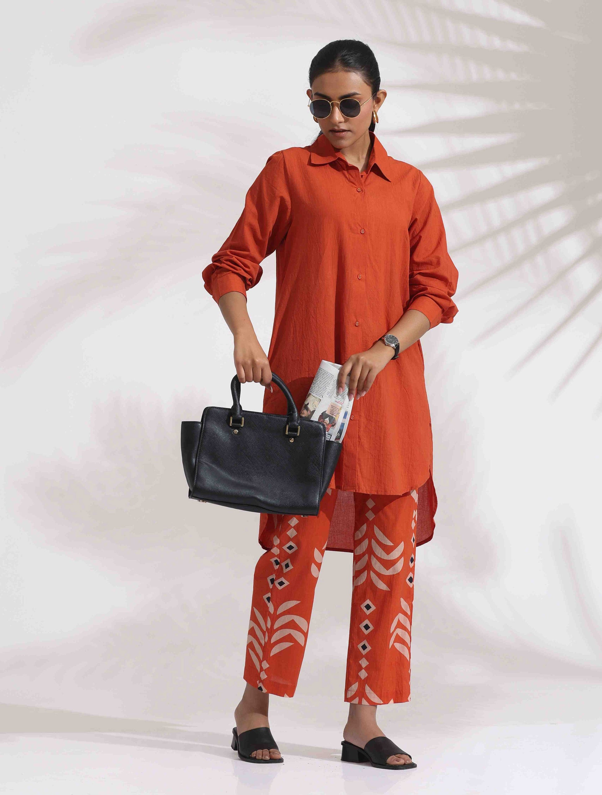 trueBrowns Orange Cotton Solid Shirt Kurta Co-ord Set - Distacart