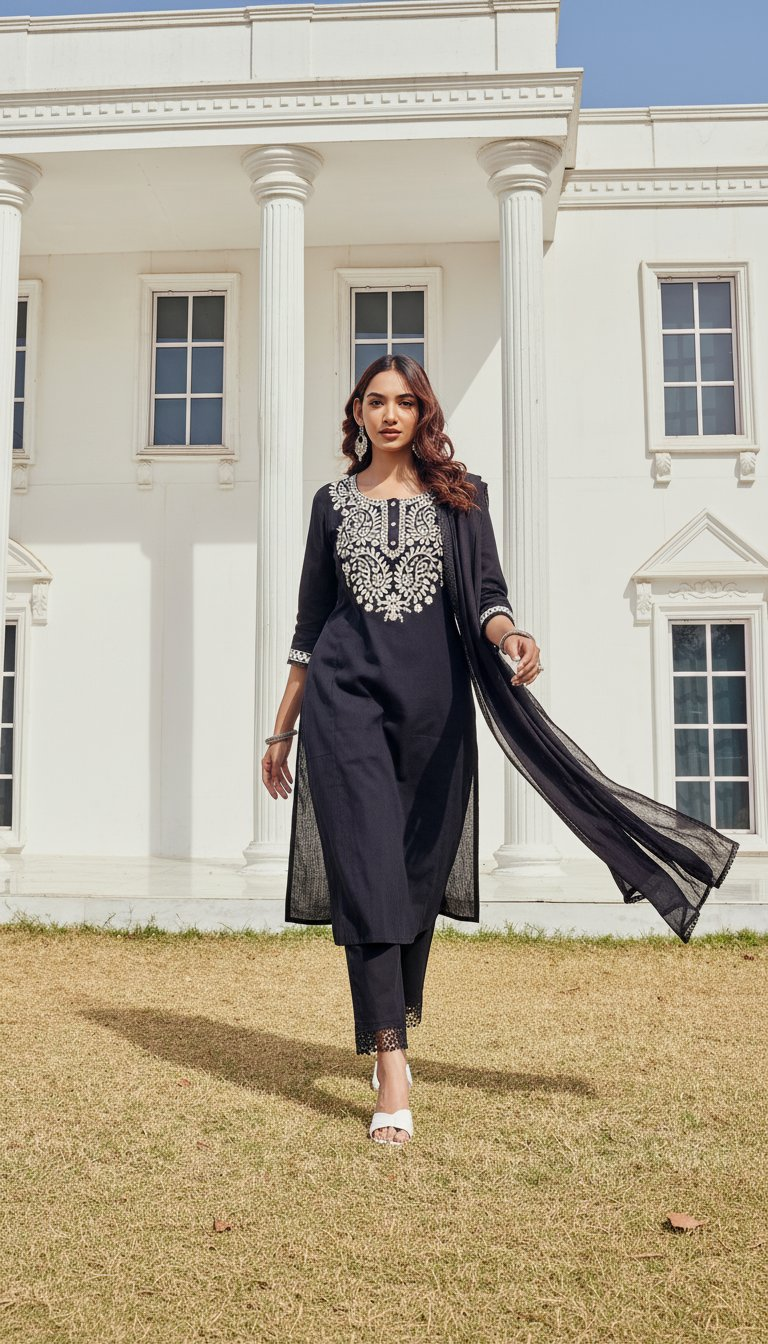 BulBul Samantha Cotton Black Kurta Set with Dupatta