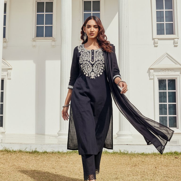 BulBul Samantha Cotton Black Kurta Set with Dupatta