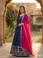 Thumbnail for Anaita Navy Silk Readymade Anarkali Suit with Thread Embroidery & Sequence Work - Dista