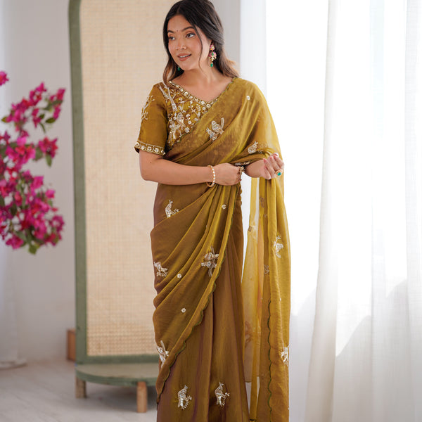 Evanik Mehendi Mos Silk With Handwork Butterfly Design Saree With Unstitched Blouse