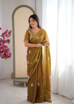 Thumbnail for Evanik Mehendi Mos Silk With Handwork Butterfly Design Saree With Unstitched Blouse