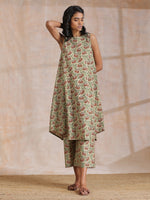 Thumbnail for trueBrowns Beige Overall Brown Floral Block Print Cotton High-Low Co-Ord Set - Distacart