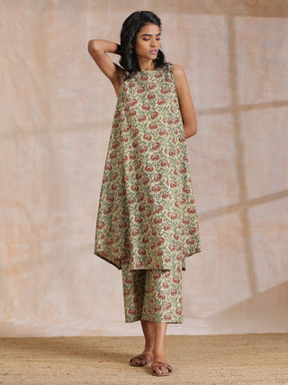 trueBrowns Beige Overall Brown Floral Block Print Cotton High-Low Co-Ord Set - Distacart