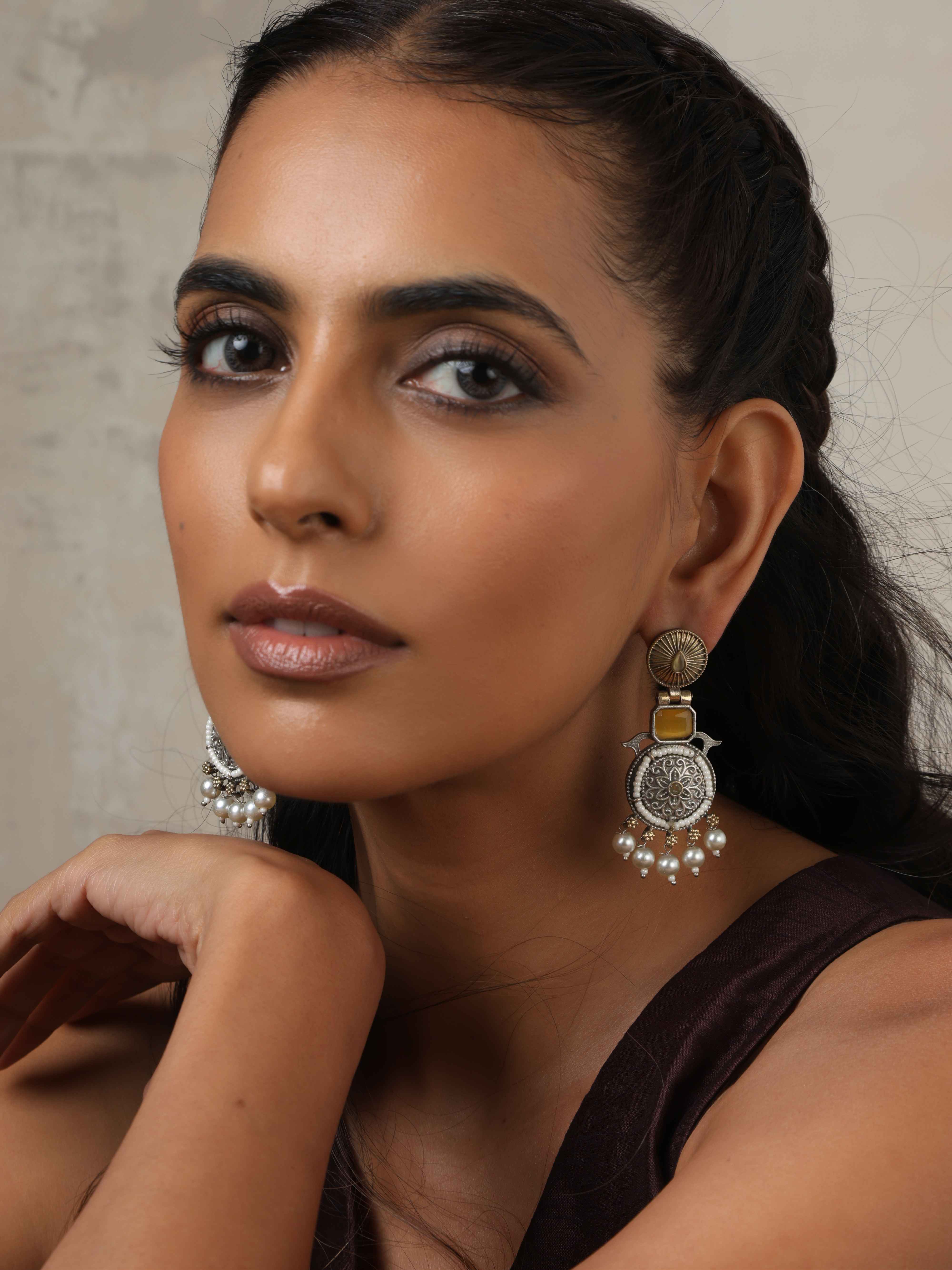 trueBrowns Silver Gold Tone Meenakari Pearl Drop Earrings - Distacart
