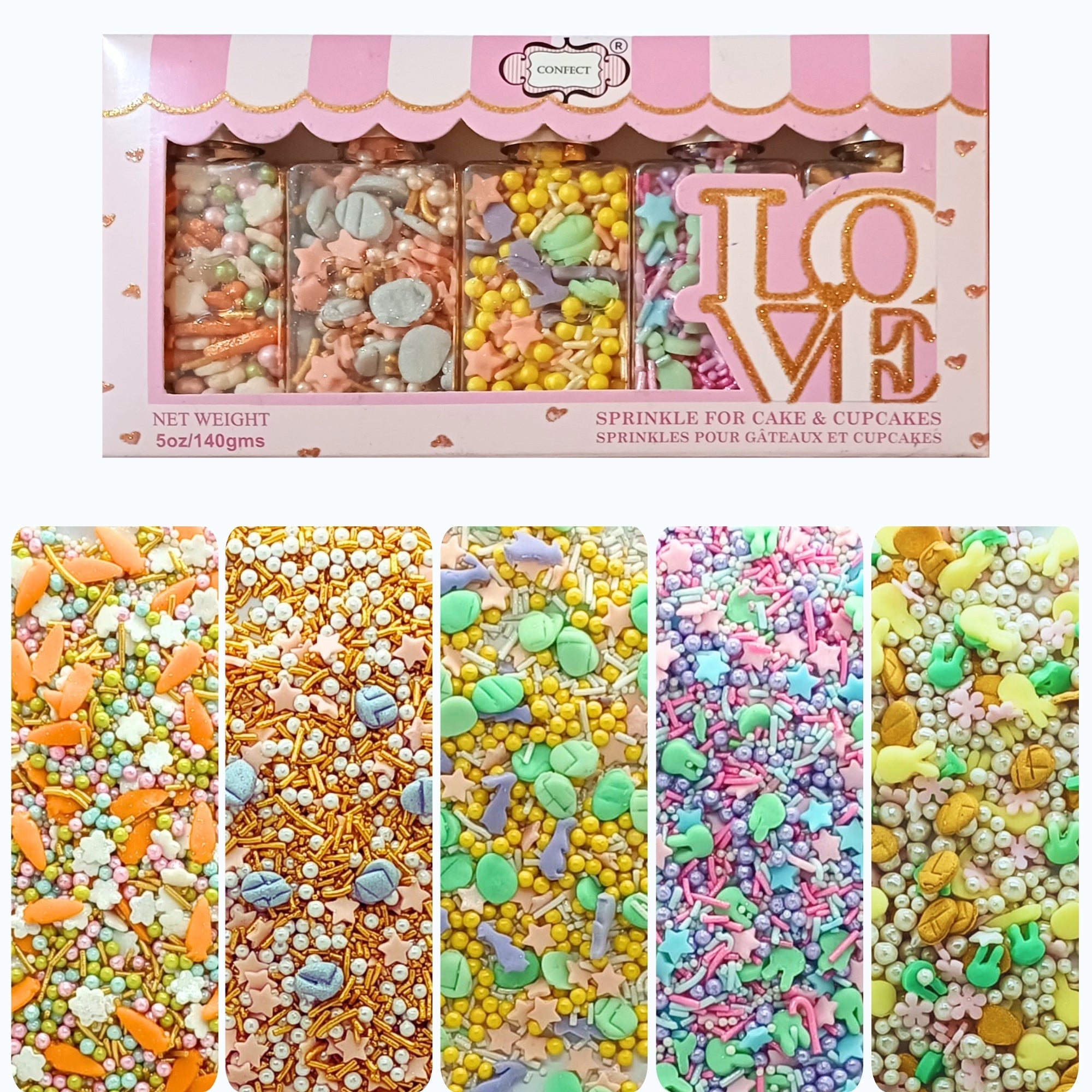 confect easter sprinkles edible white pink and gold pearls vermicelli easter bunny stars pack of 5 100gms