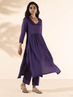Thumbnail for trueBrowns Purple Viscose Dobby Slit Kurta Pant Set - Distacart