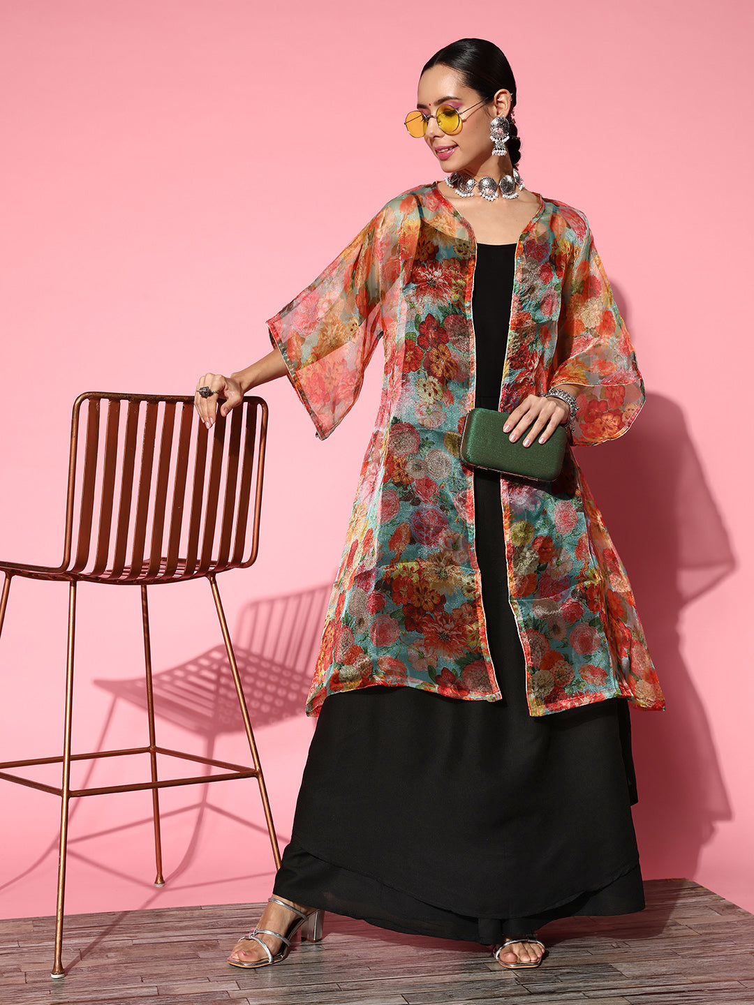 InWeave Black Strappy Set With Green Floral Organza Cape - Distacart