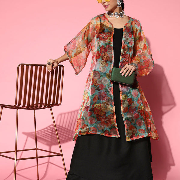 InWeave Black Strappy Set With Green Floral Organza Cape - Distacart