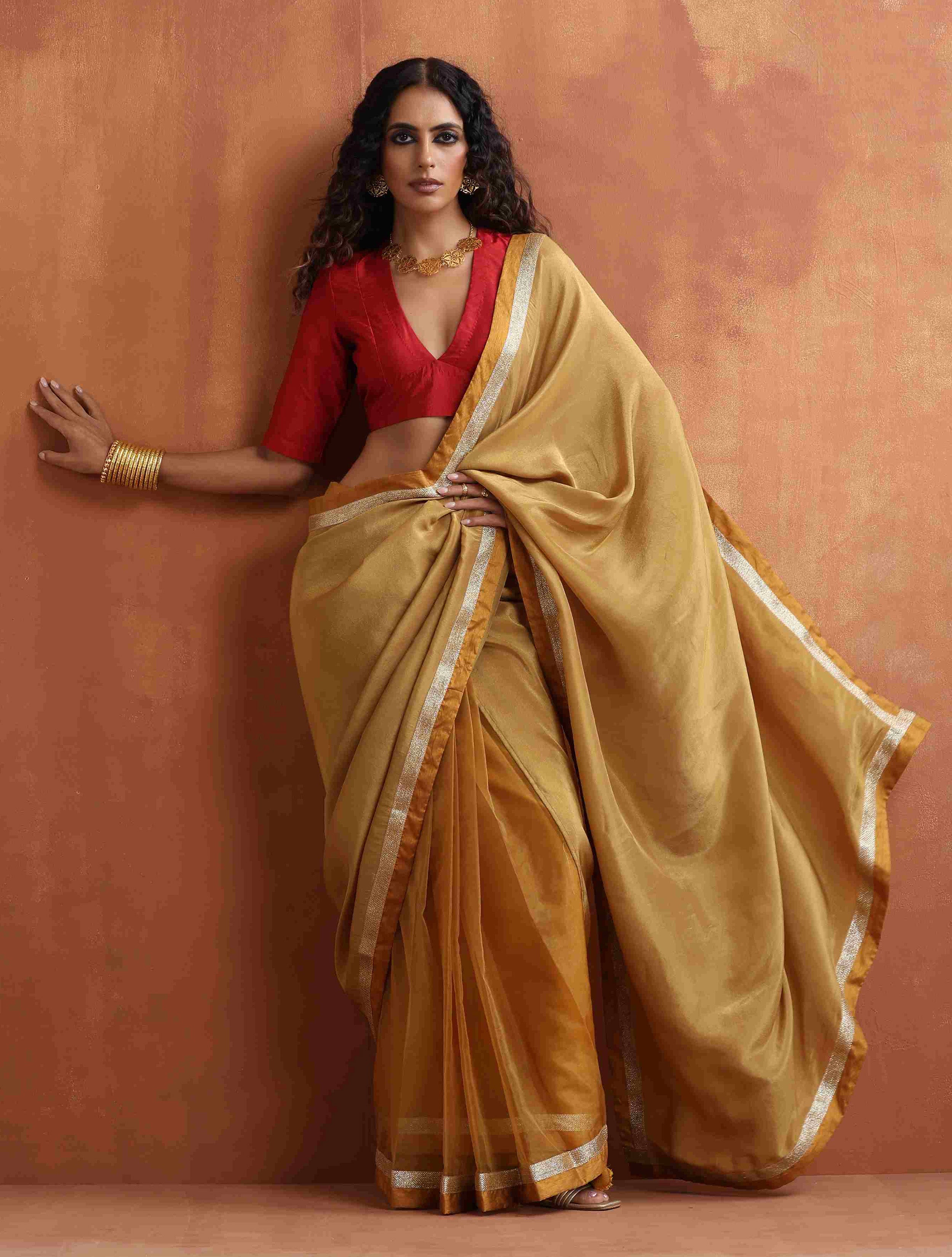 trueBrowns Gold Tissue Ready To Wear Saree - Distacart