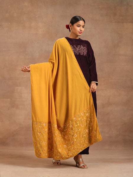 trueBrowns Mustard Velvet Embroidered Shawl - Distacart