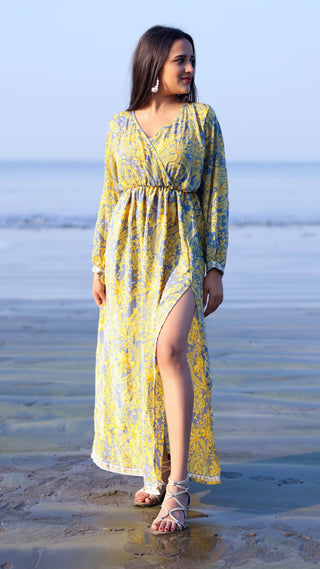 Noroke Vintage Crepe Yellow Vintage Printed Long Dress - Distacart