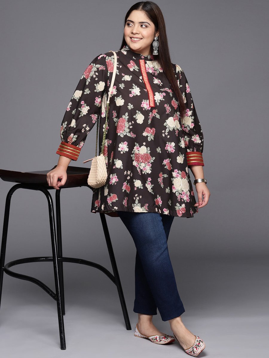 Ahalyaa Mandarin Collar Crepe Floral Printed Tunic - Distacart