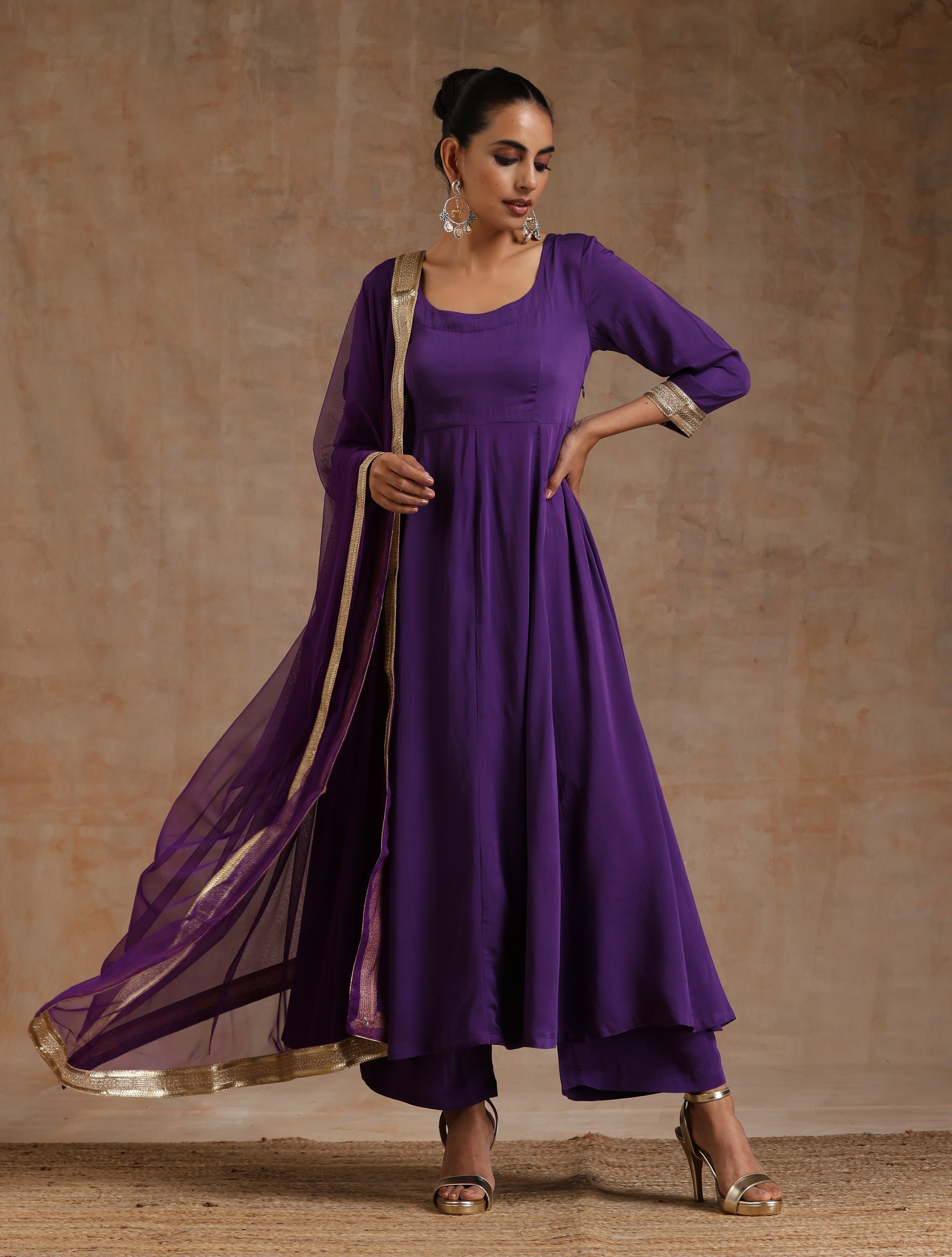 trueBrowns Violet Modal Satin Anarkali Set - Distacart