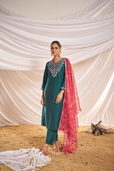 BulBul Women Green Embellished Premium Silk Straight Suit With Dupatta