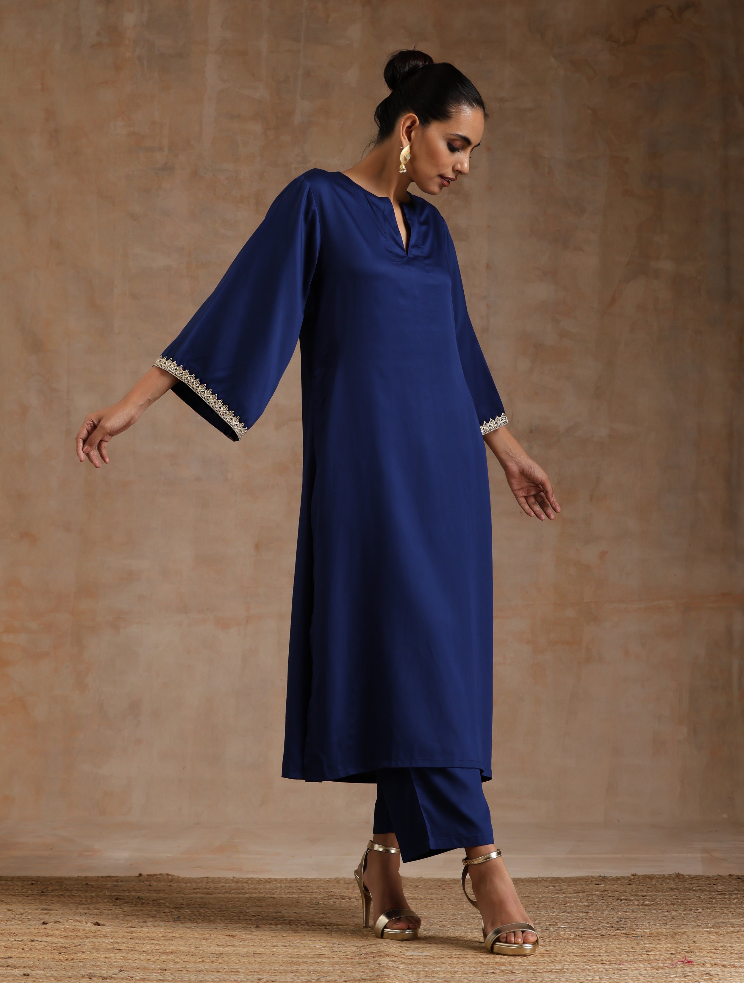 trueBrowns Midnight Blue Modal Satin Relax Kurta Set - Distacart
