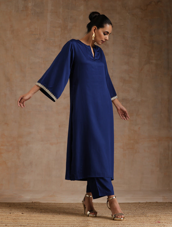 trueBrowns Midnight Blue Modal Satin Relax Kurta Set - Distacart