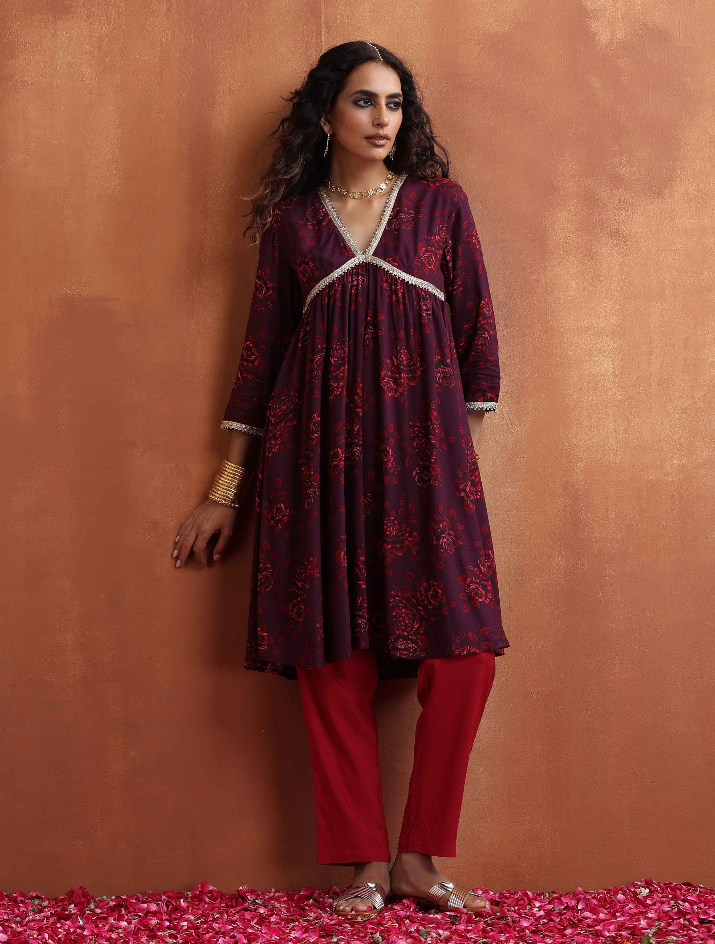 trueBrowns Purple Floral Print Anarkali Kurta Co-ord Set - Distacart