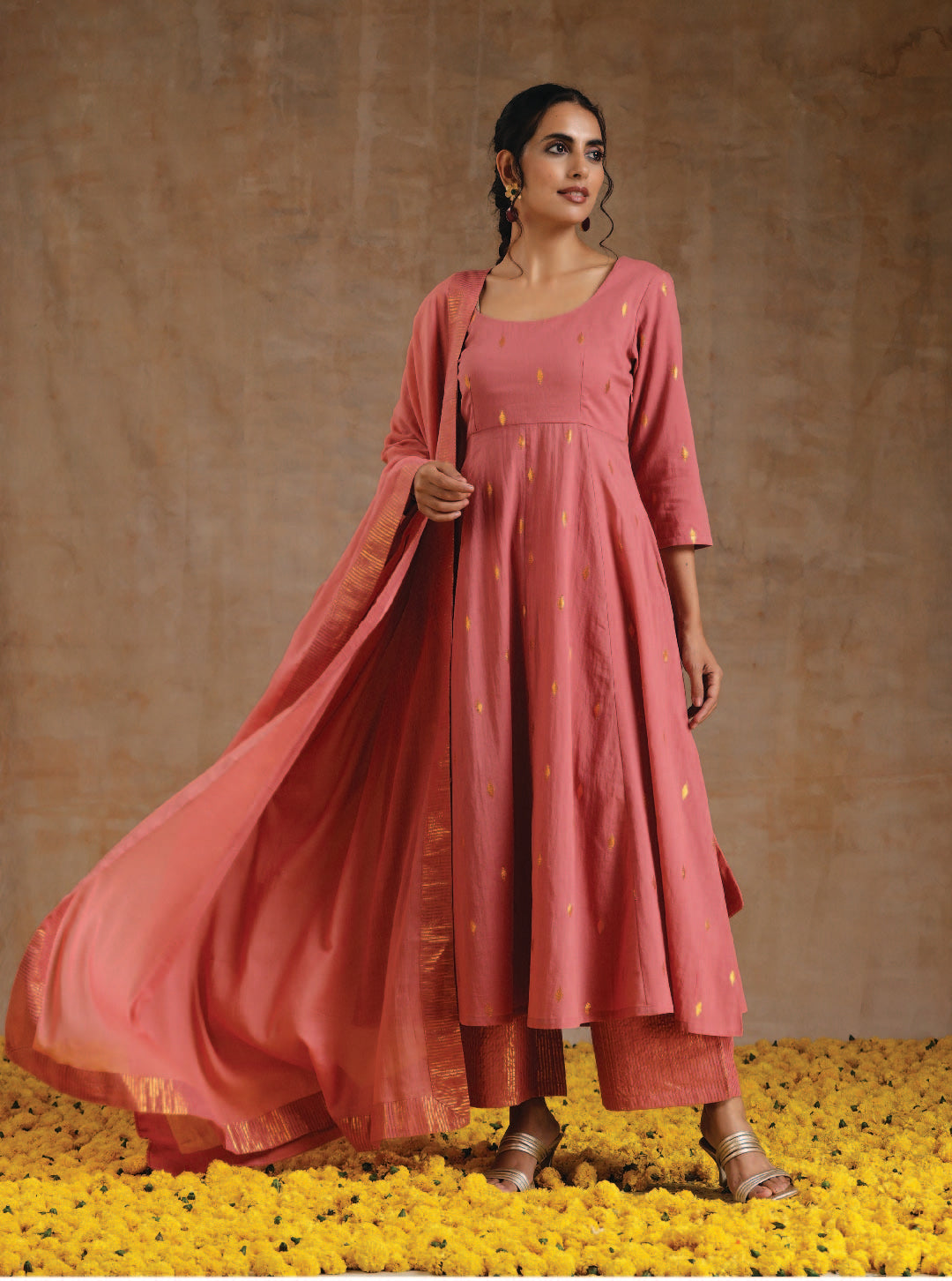 trueBrowns Blush Gold Cotton Anarkali Set - Distacart