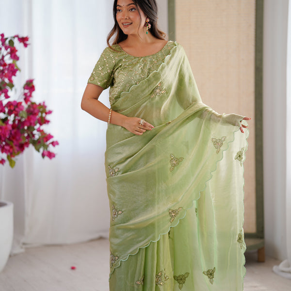 Evanik Designer Heavy Fendy Satin With Beads Embroidered Work Saree With Unstitched Blouse