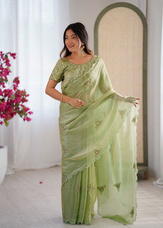 Evanik Designer Heavy Fendy Satin With Beads Embroidered Work Saree With Unstitched Blouse