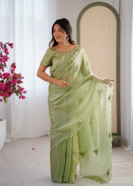 Evanik Designer Heavy Fendy Satin With Beads Embroidered Work Saree With Unstitched Blouse