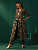 Thumbnail for trueBrowns Grey Diamond Viscose Silk Front Slit Kurta Pant Set - Distacart