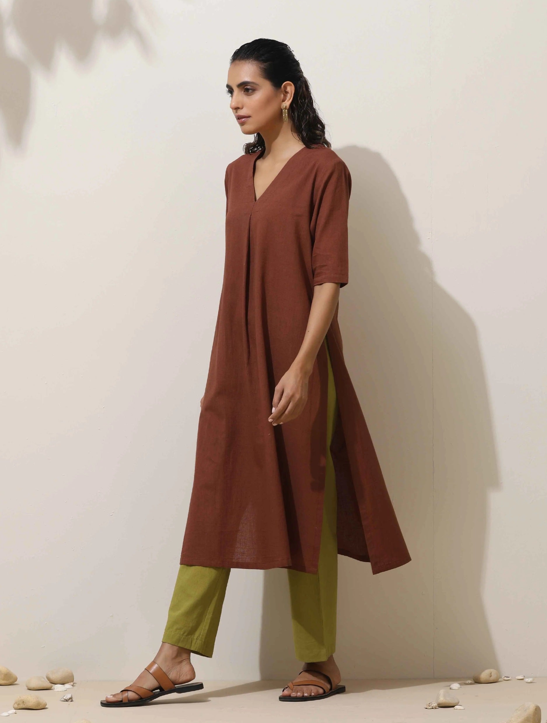 trueBrowns Brown Cotton Linen Kurta Pant Set - Distacart