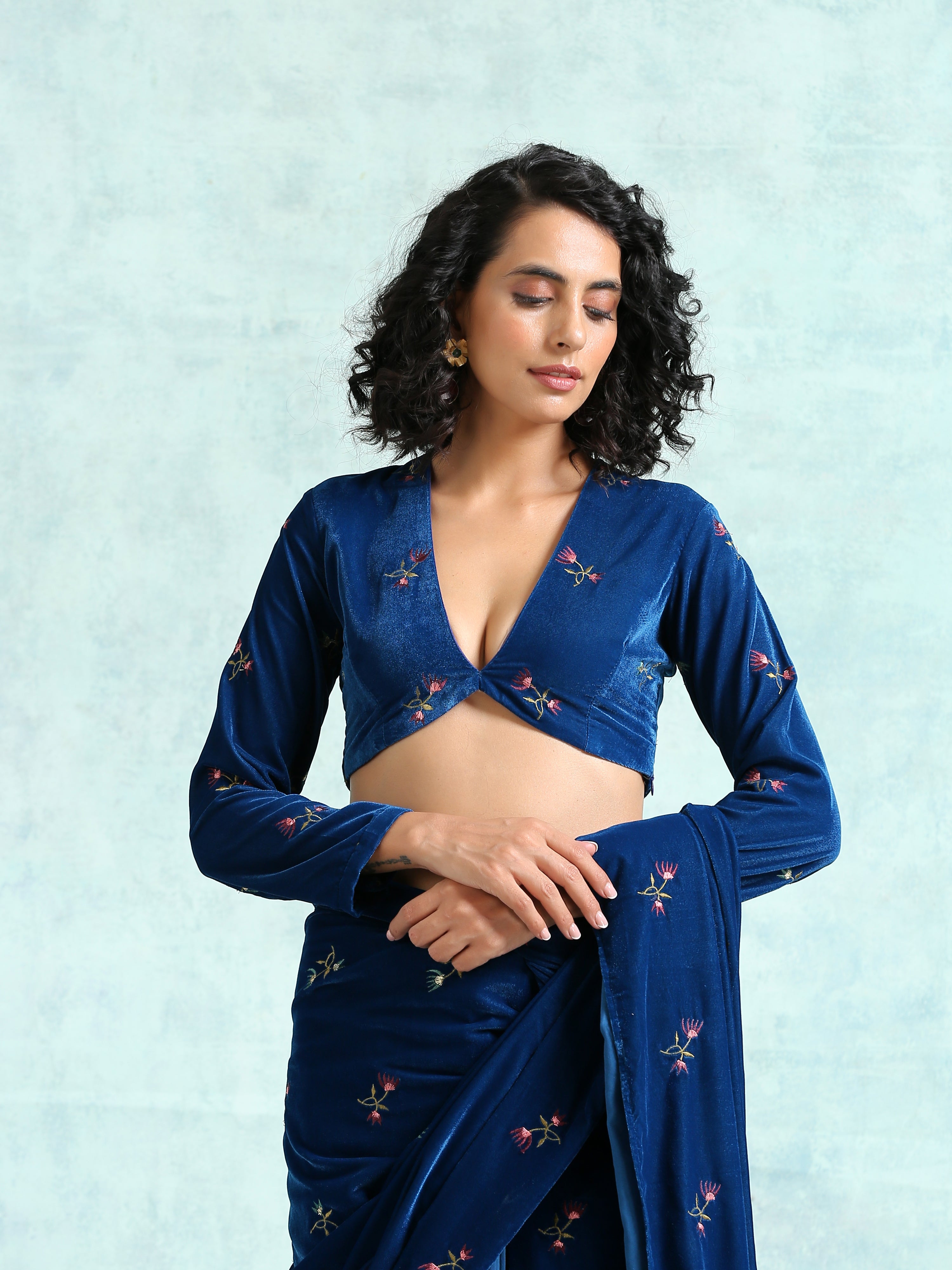 trueBrowns Blue Embroidered Velvet Blouse - Distacart