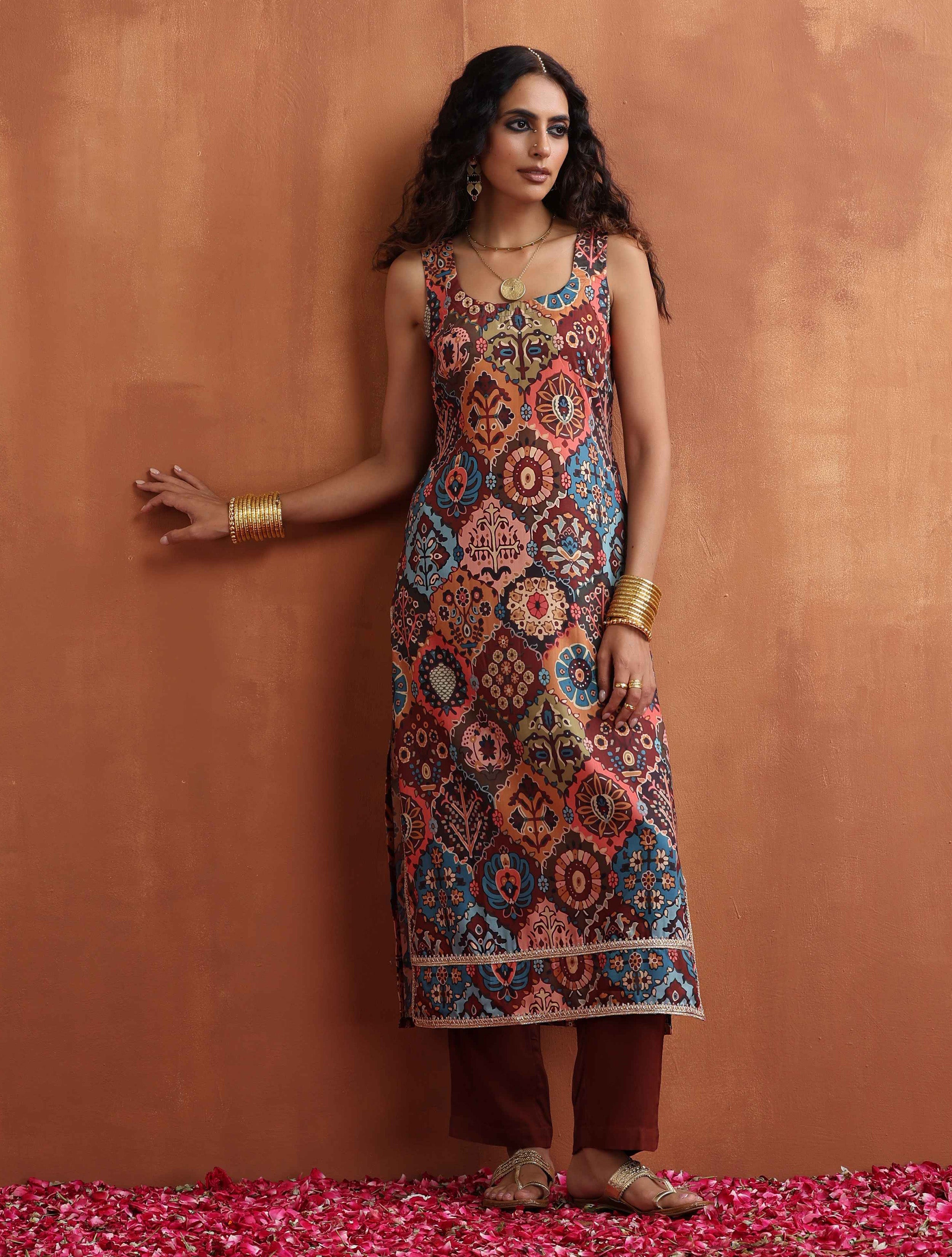 trueBrowns Cola Print Straight Kurta Set - Distacart