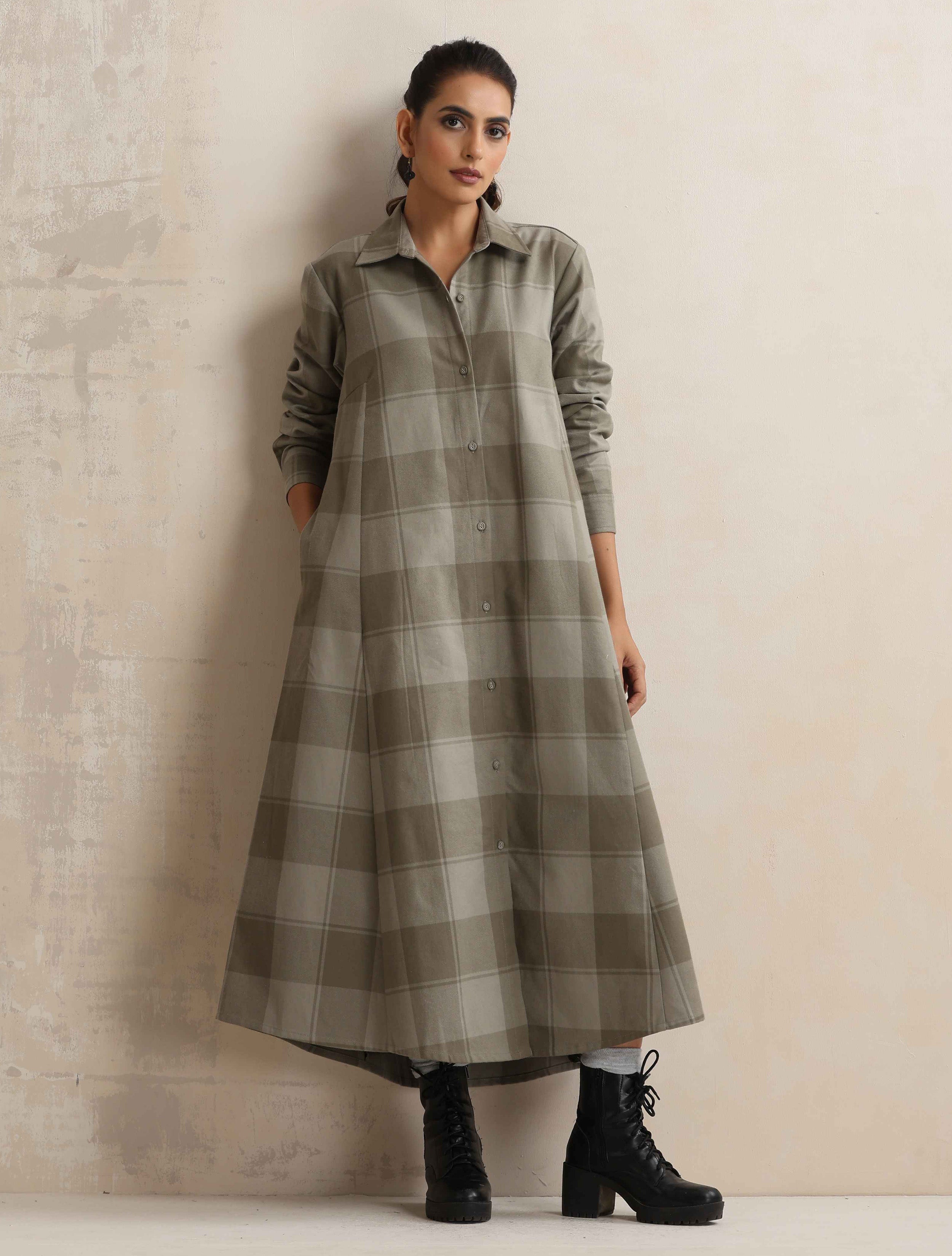 trueBrowns Green Check Flared Winter Dress - Distacart